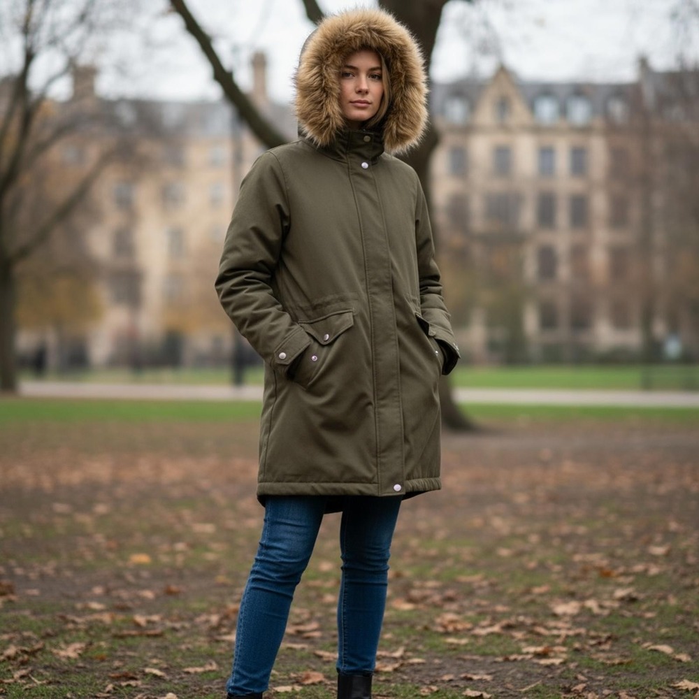 MNG Olive Green Parka Coat Removable Sherpa Lining Faux Fur Hood Women L